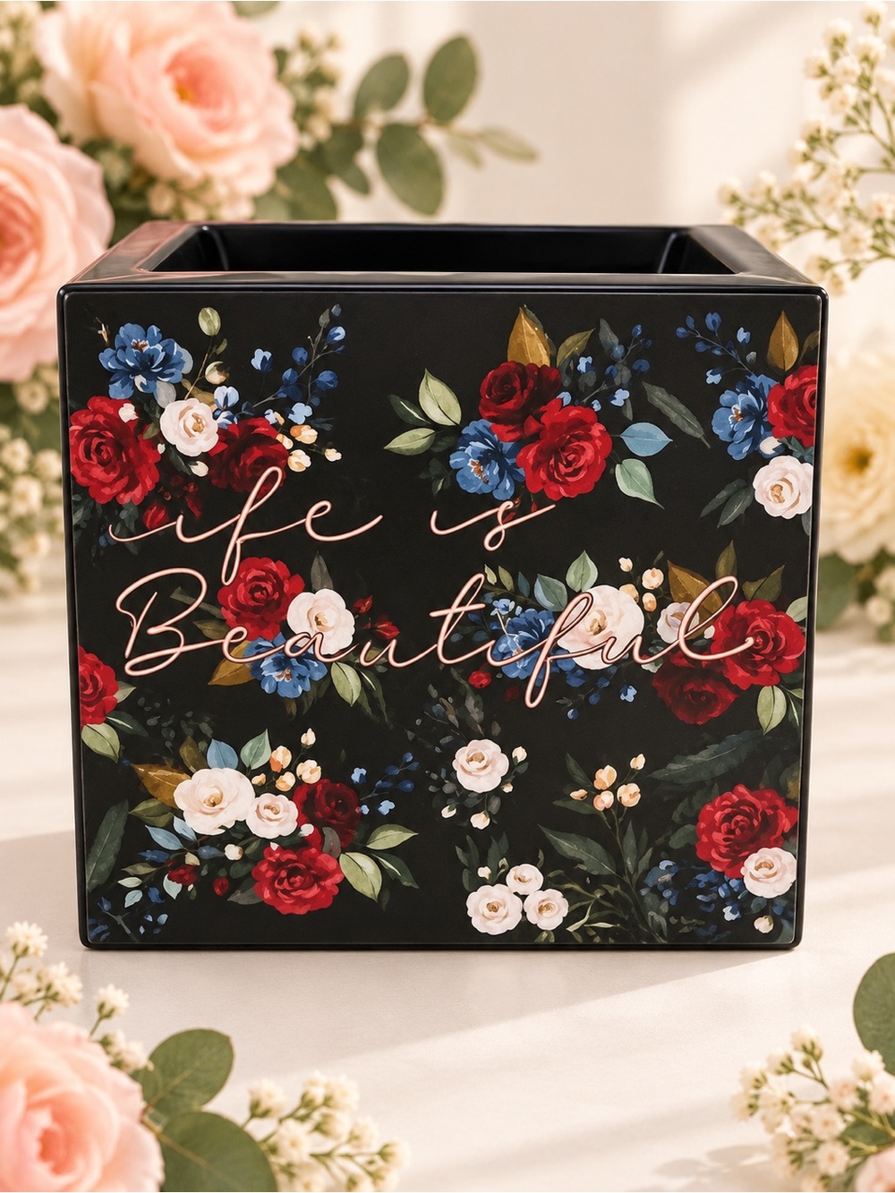 Scentsy Black Floral Organizer Cube with Red, Blue & White Roses nib